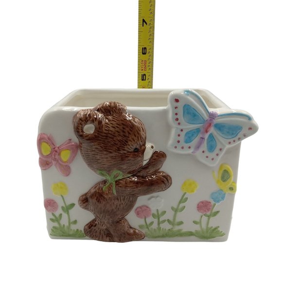 VTG Planter With Teddy Bear Chasing Butterflies In The Flowers - Picture 8 of 10
